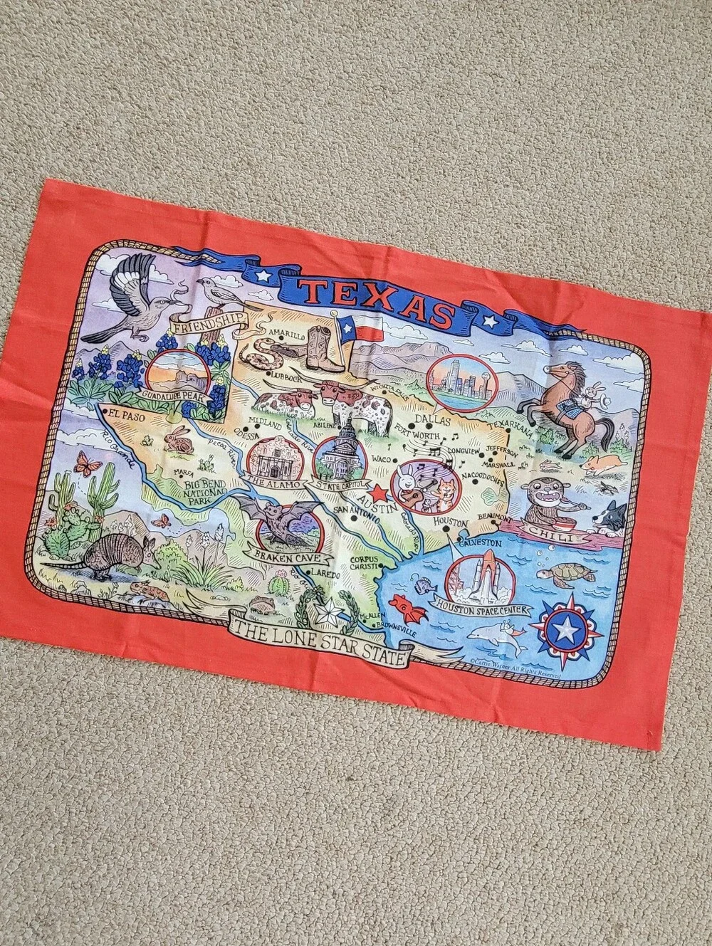 Texas Lone Star State Colorful Tea Towel Art by Carrie Wagner ~ NWOT